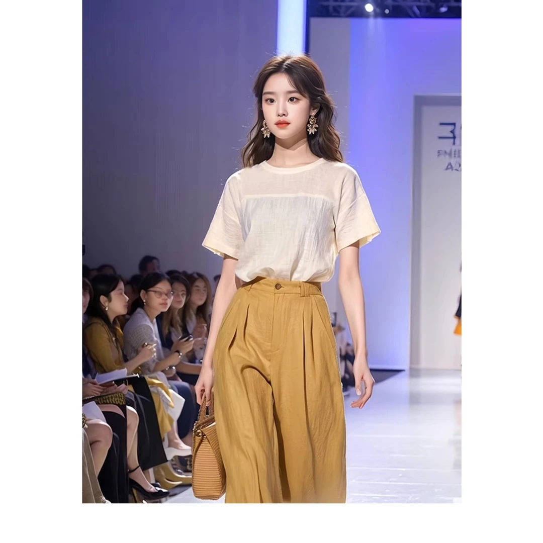 今年流行时尚减龄漂亮洋气杏色短袖T恤阔腿裤两件套装女夏季