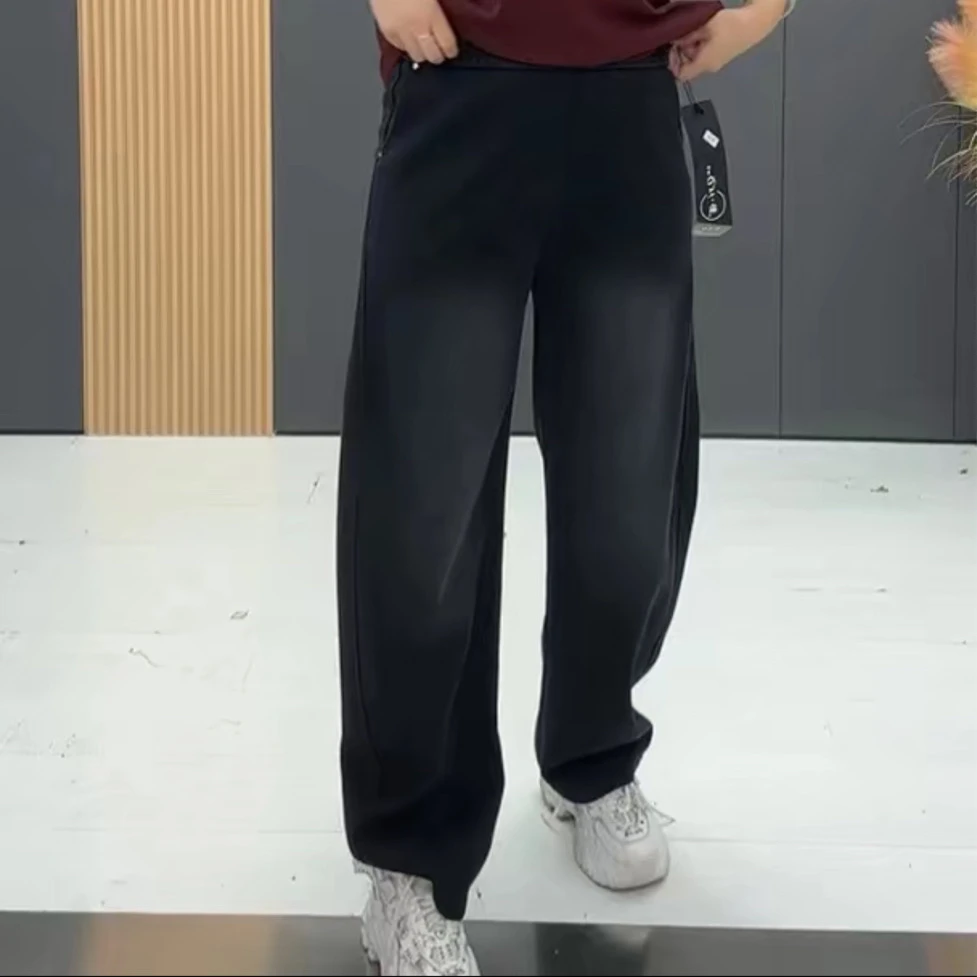 水洗宽松型直筒保暖直筒裤女卫裤宽松百搭长裤春季针织长裤-946