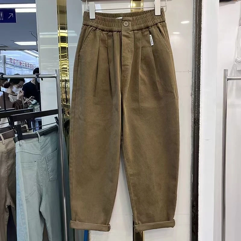 哈伦萝卜裤女日系翻边百搭老爹裤2025九分新款宽松显瘦工装裤子潮