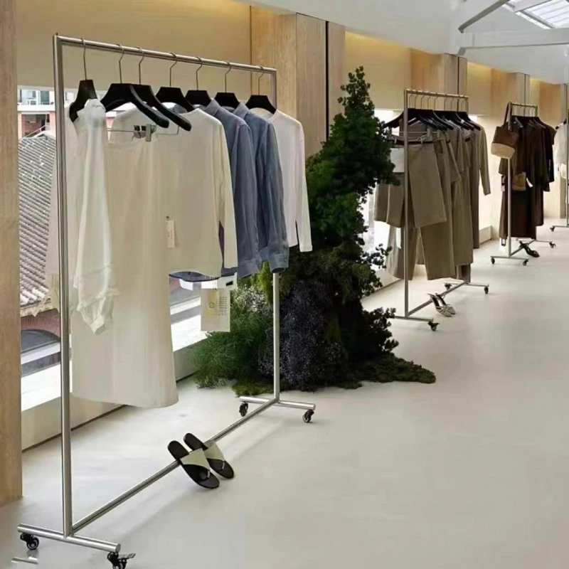 服装店展示架落地式不锈钢挂衣架陈列架带轮子女装货架网红中岛架