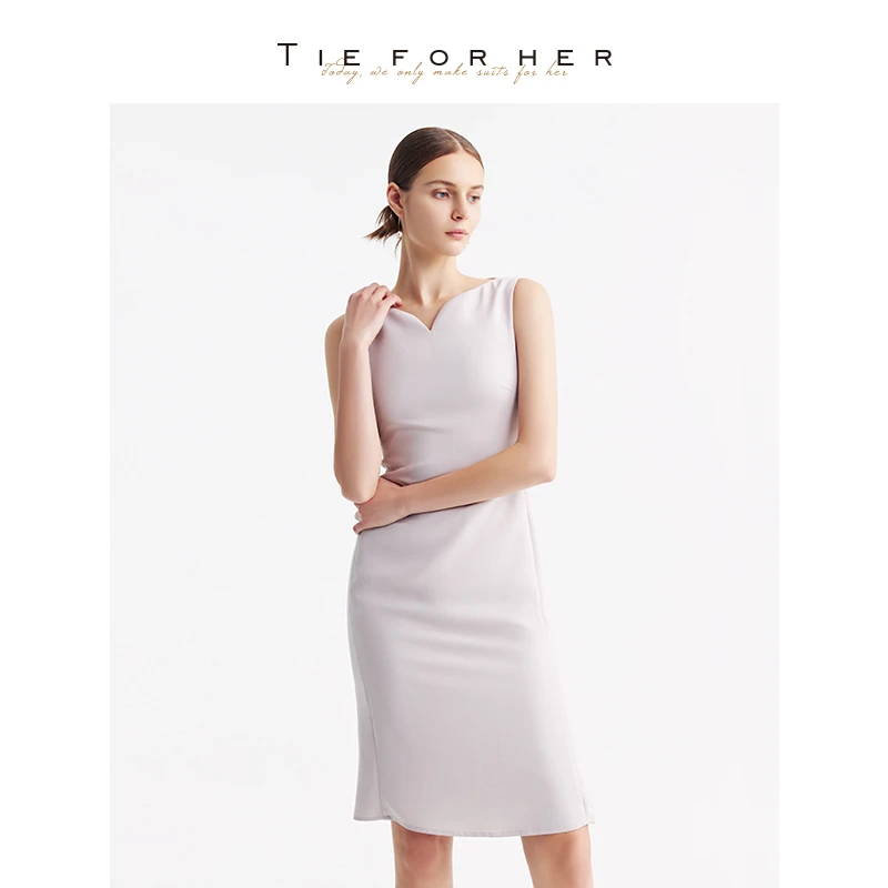 "南法假日"藕粉色无袖花瓣领职场日常优雅精致连衣裙女