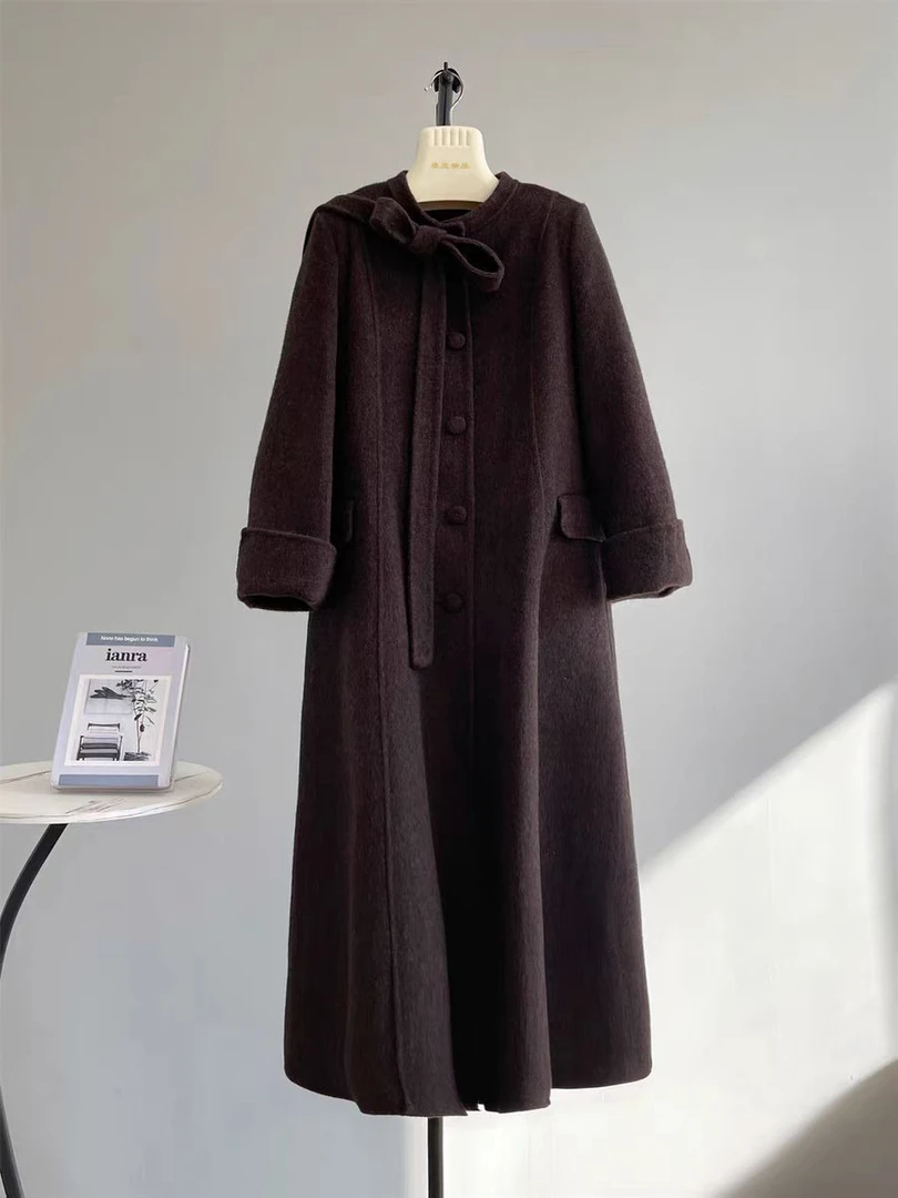 【薇哥内部自营】2430羊毛蝴蝶结千金风气质款长款双面呢大衣