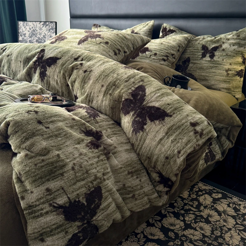 【晴美】高克重轻奢仿皮草獭兔毛牛奶绒四件套美拉德风系列-蝶舞