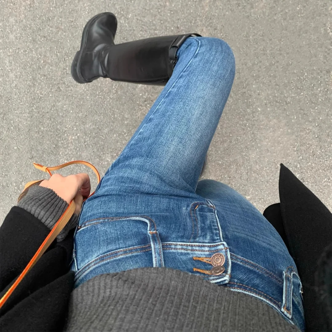 美式高腰小脚牛仔裤女2025春秋季新款显瘦小个子加绒弹力铅笔裤子