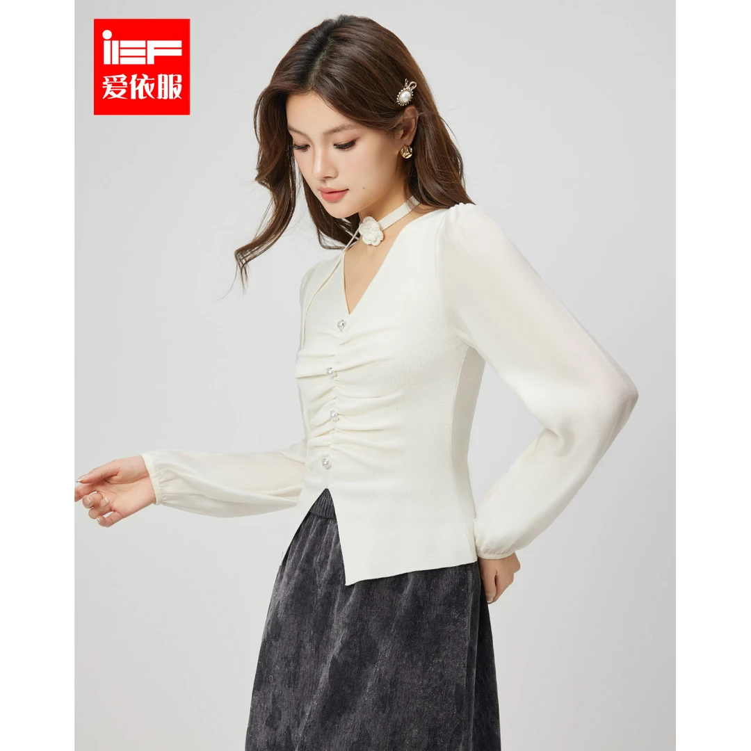 IEF/爱依服2025秋季新款性感V领女人味显瘦毛织上衣欧若风流光风