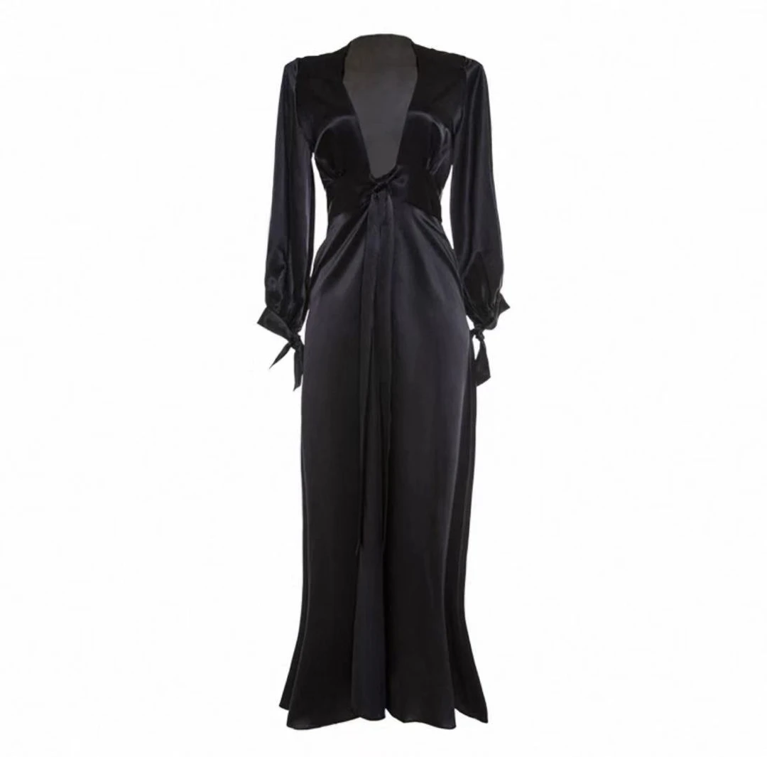 桑蚕丝长款睡衣/束口设计长袖性感收腰