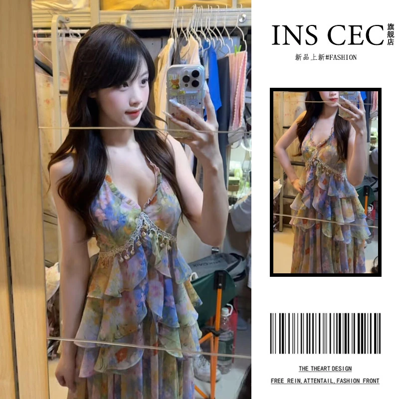 夏季新款温婉大方穿搭油画连衣裙法式气质碎花吊带裙减龄中长裙子