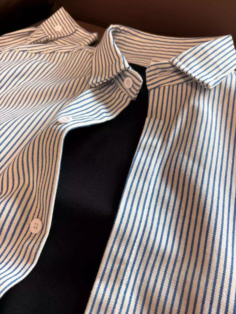 蓝白条纹衬衫春秋男款日系复古内搭叠穿衬衣宽松百搭情侣翻领外套