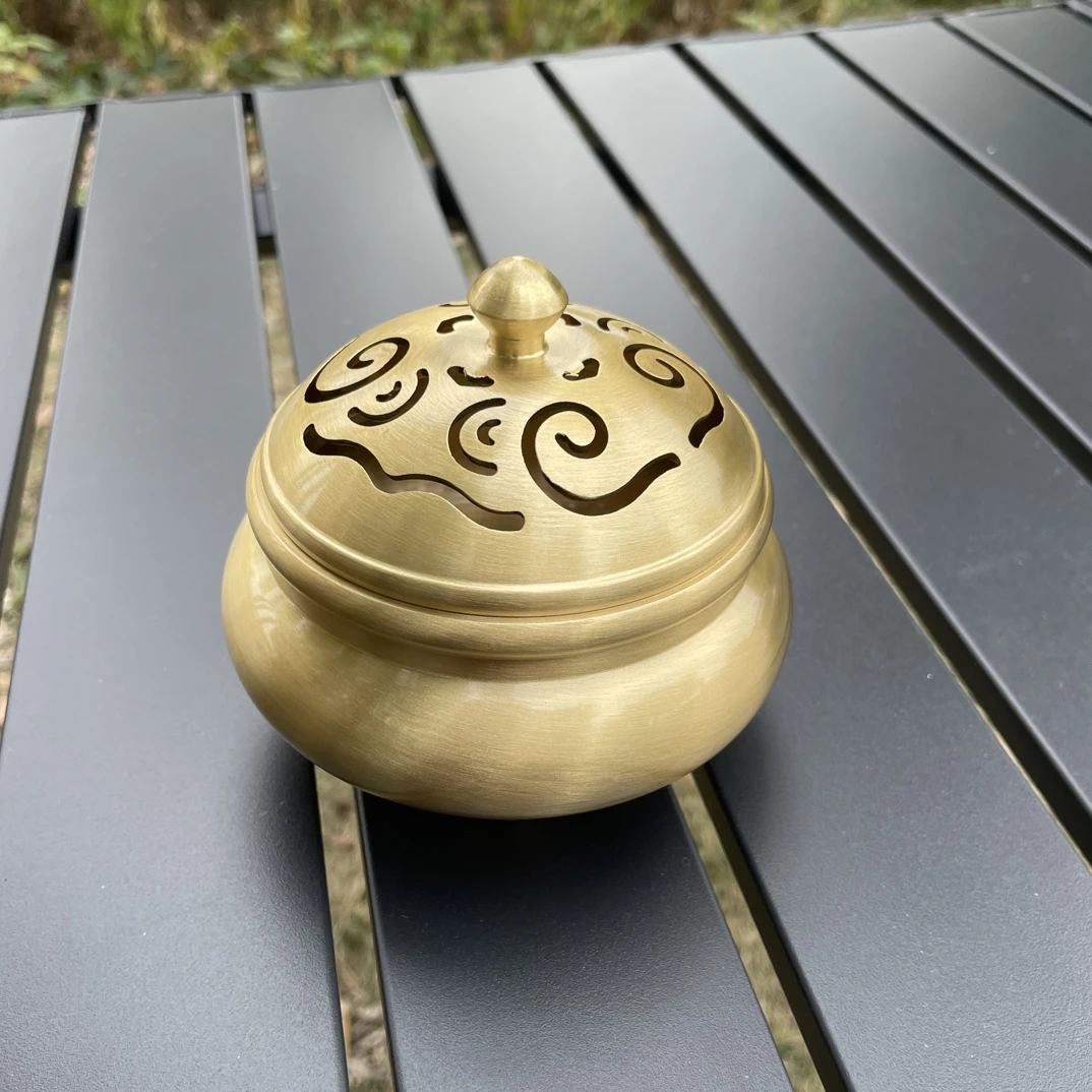 585克纯黄铜檀香炉 中式仿古镂空香薰炉家用室内供佛盘香炉