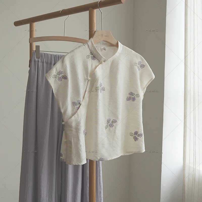 4928《紫菽》原创新中式国风刺绣花卉无袖小衫夏季宽松上衣