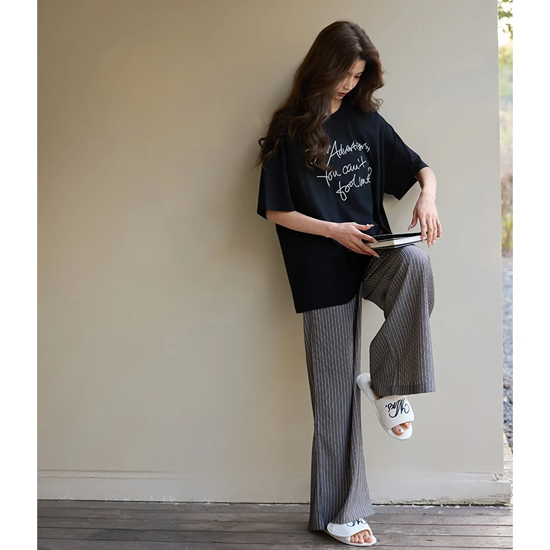 美腾新款睡衣女夏季柔软棉7A抗菌短袖圆领家居服宽松休闲条纹套装