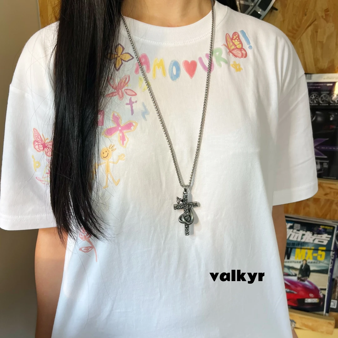钛钢吊坠 valkyr十字架不掉色甜酷辣妹盘蛇复古十字架吊坠长款