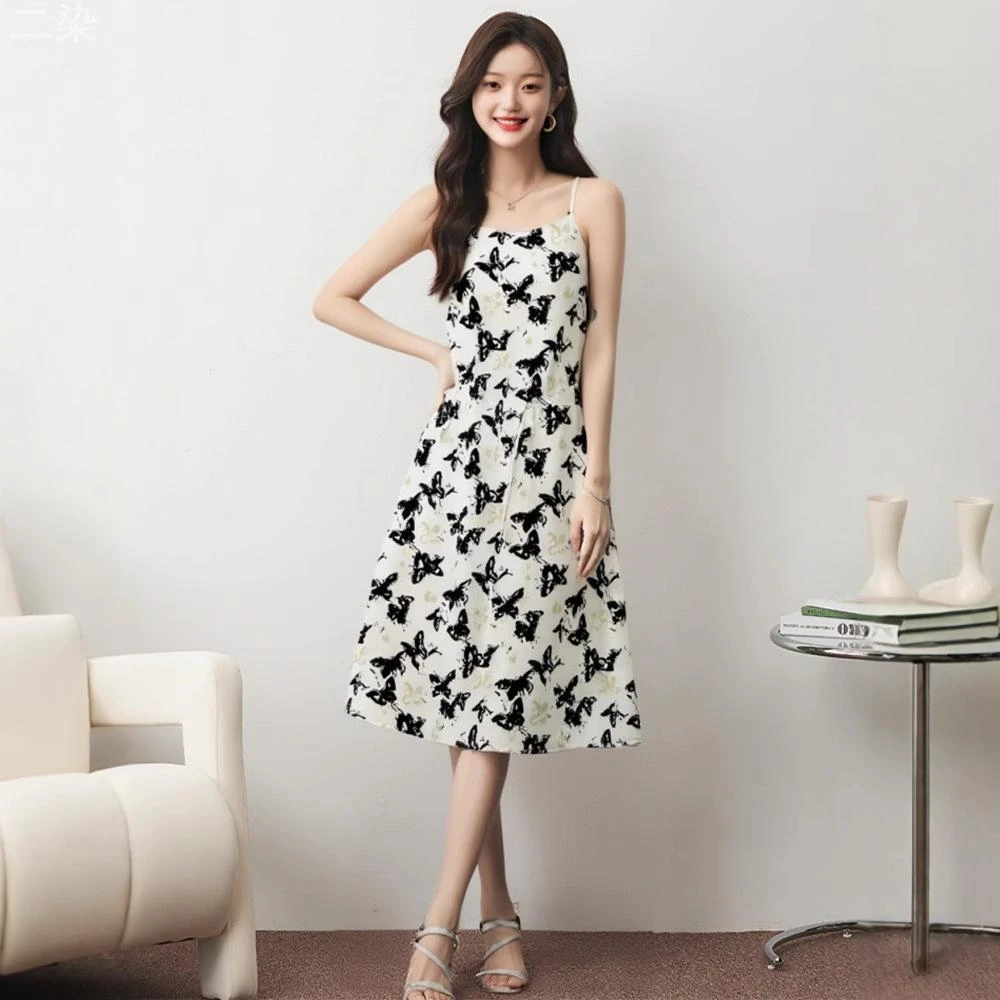 2025夏季度假海边女士修身显瘦碎花吊带连衣裙涤纶提花款凸显优雅
