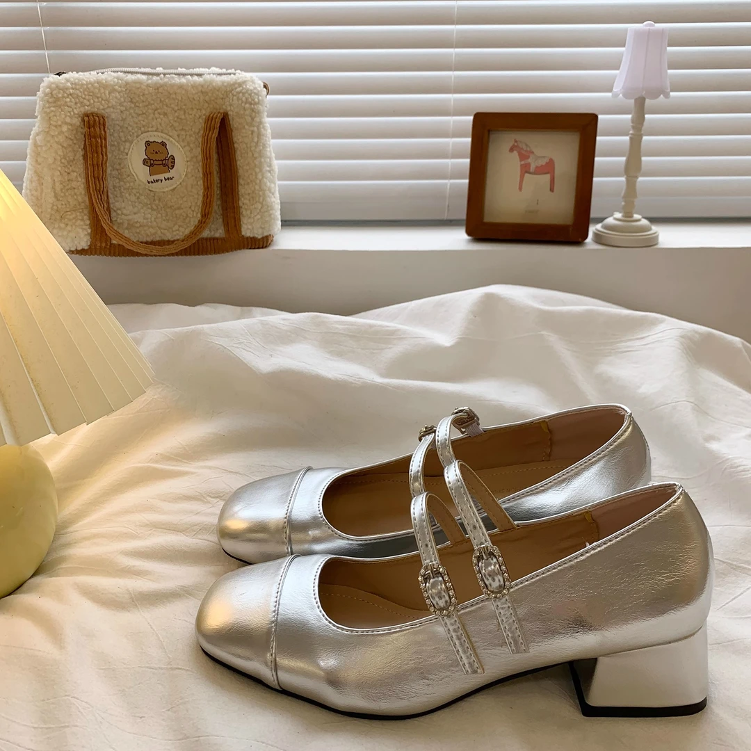 法式浅口银色中粗跟单鞋女2025春夏季新款百搭仙女风配裙玛丽珍鞋