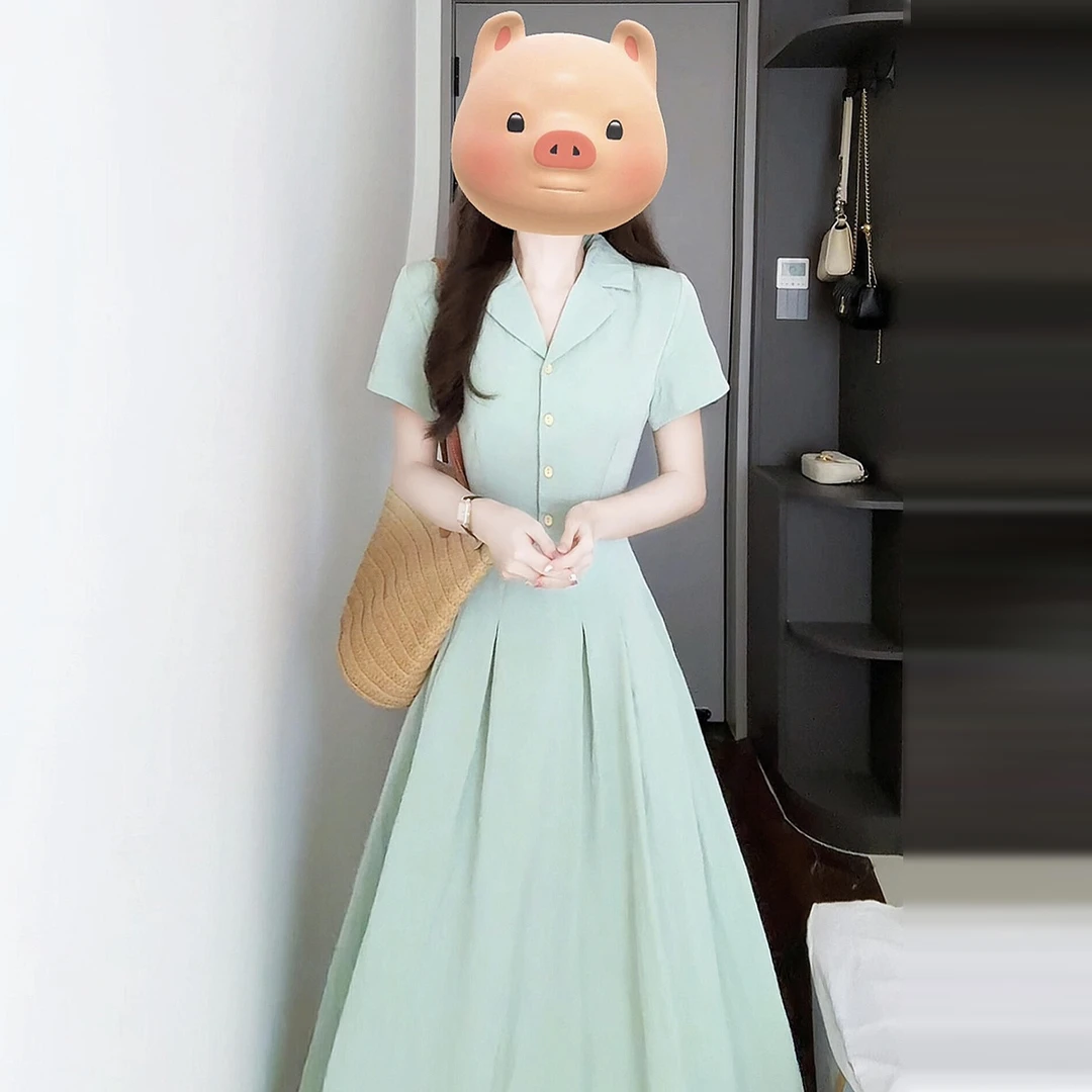 2025新款法式学院风绿色衬衫连衣裙子女夏季韩系夏天衣服气质长裙