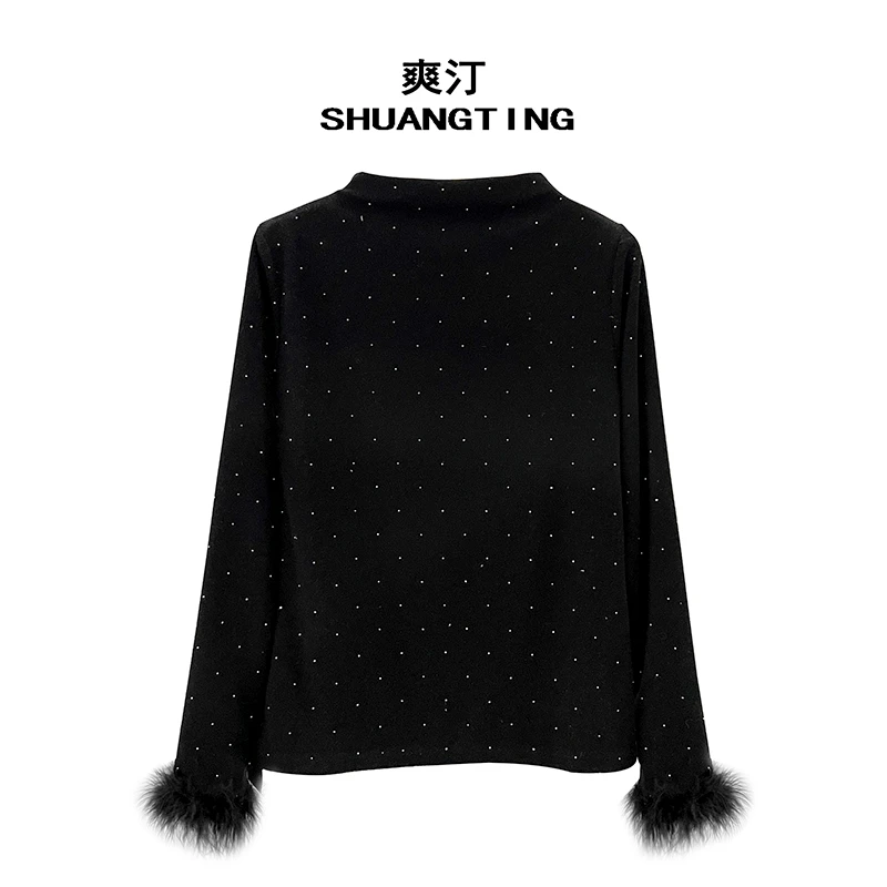 Jokara/丘可儿【云漫】气质波点烫钻弹力打底长袖设计感毛毛袖衬衣