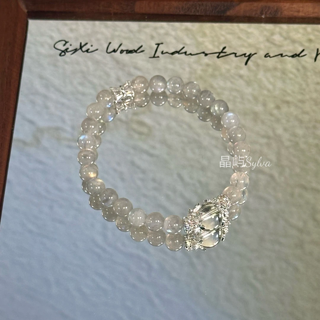 【定心丸】7.5mm灰月光+10mm白水晶原创设计天然水晶手串