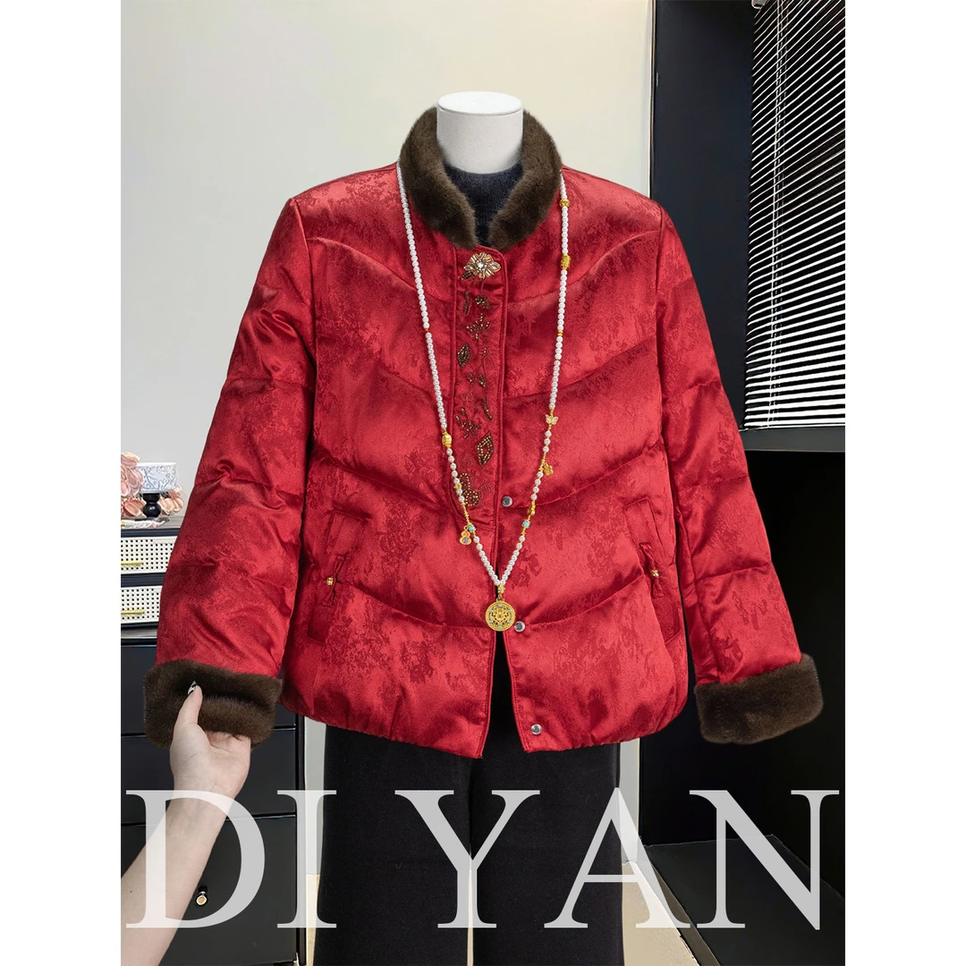 喜婆婆婚宴红色羽绒棉服冬季新款气质中老年女装中式国风棉袄外套