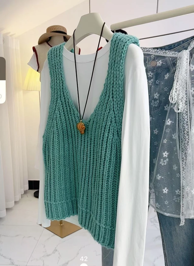 设计感叠穿糖果色V领粗织针织背心女2025年春季新款宽松百搭马甲