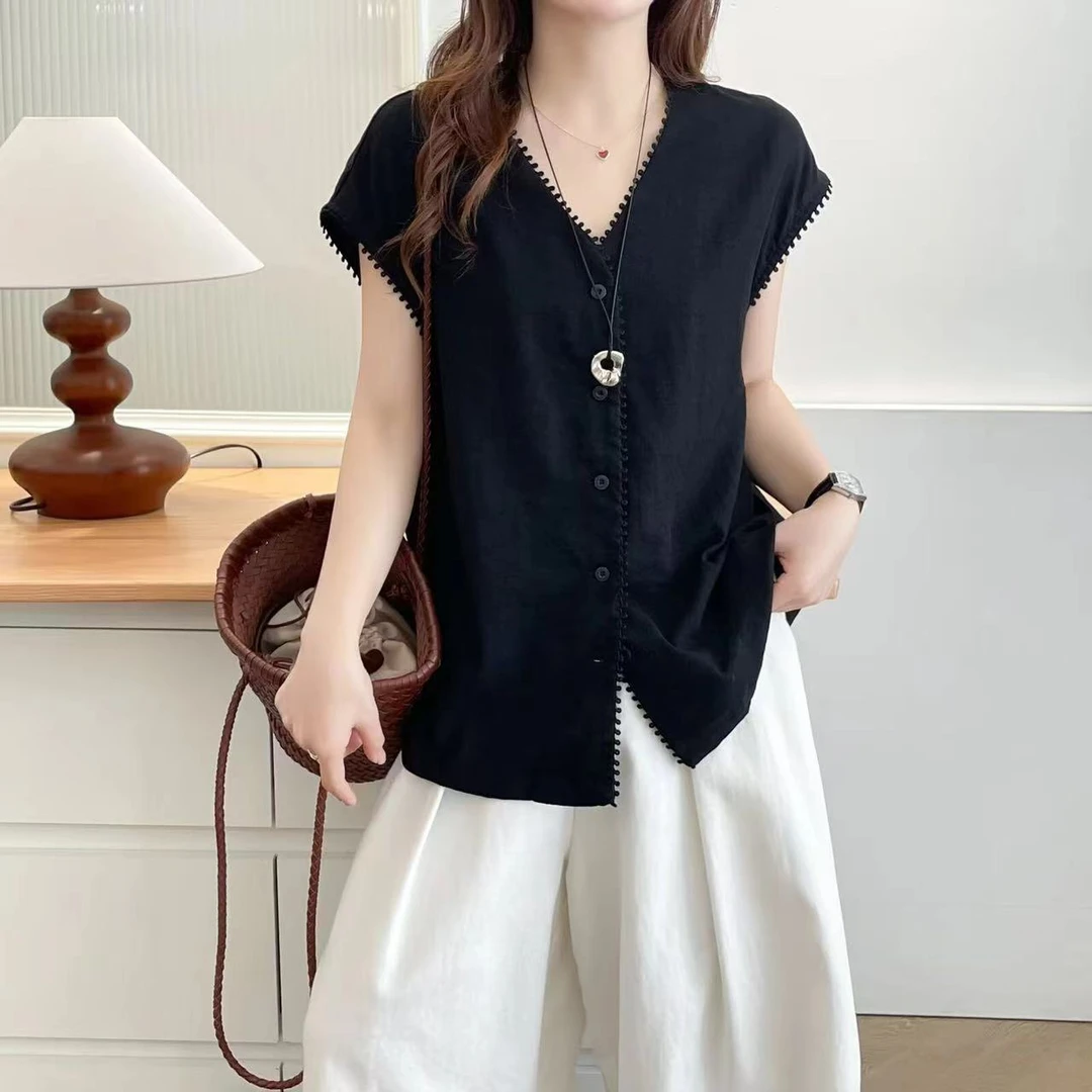 宽松显瘦百搭夏季V领花边衬衫