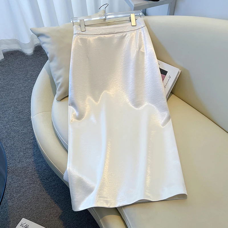 米白色醋酸半身裙女夏季2025新款高腰月光裙A字直筒裙显瘦包臀裙