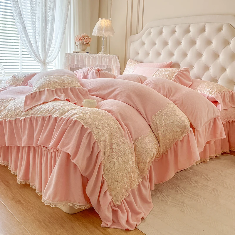 法式加厚牛奶绒夹棉床盖四件套高级感公主风保暖花边被套加绒冬季