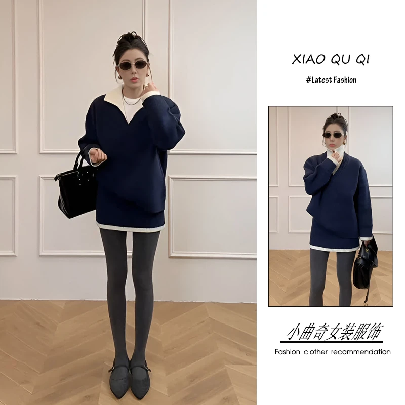 冬季穿搭一整套装女韩版2025年新款休闲风拼接假两件毛衣短裙套装