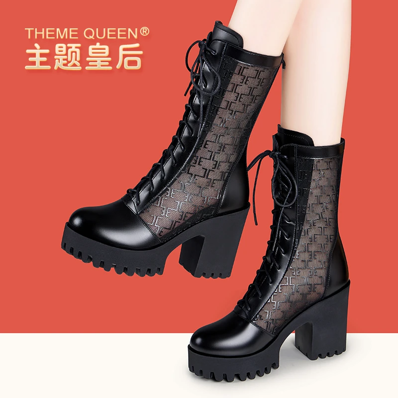 真皮防水台粗跟高跟透气网纱凉靴女新款高跟粗跟系带时尚长筒网靴