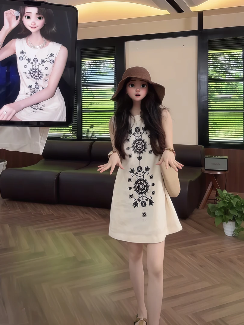 Hoeny SIrup 【25109】亚麻刺绣款圆领无袖连衣裙 女款