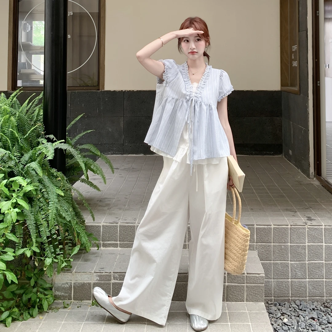 蓝色条纹假两件短袖系带森系小清新上衣套装女夏季阔腿裤两件套潮