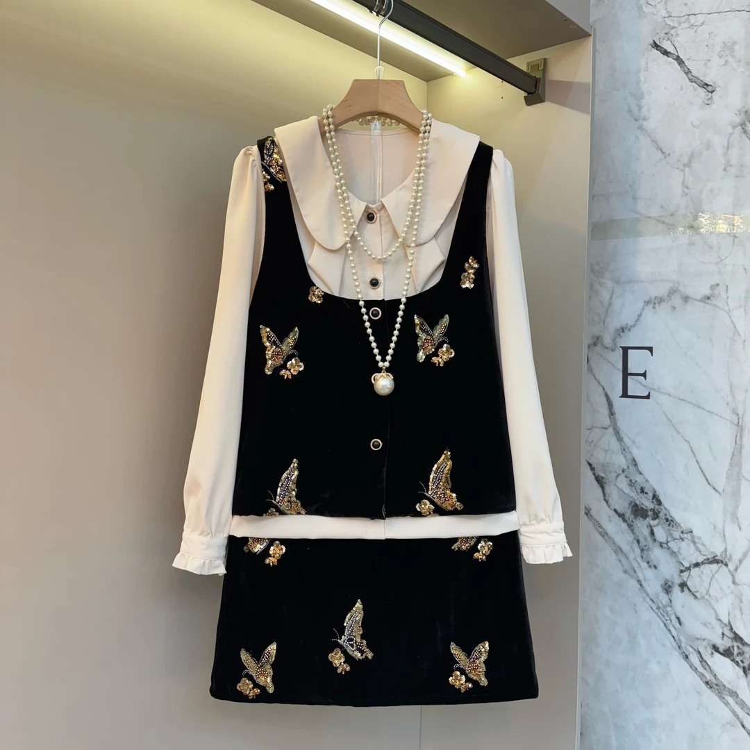 2025秋季轻奢娃娃领丝绒蝴蝶高级感内搭+吊带马甲+短裙三件套7206