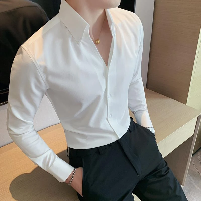 港式雅痞帅气潮流韩版修身V领长袖衬衫爆款休闲英伦国风白色衬衣