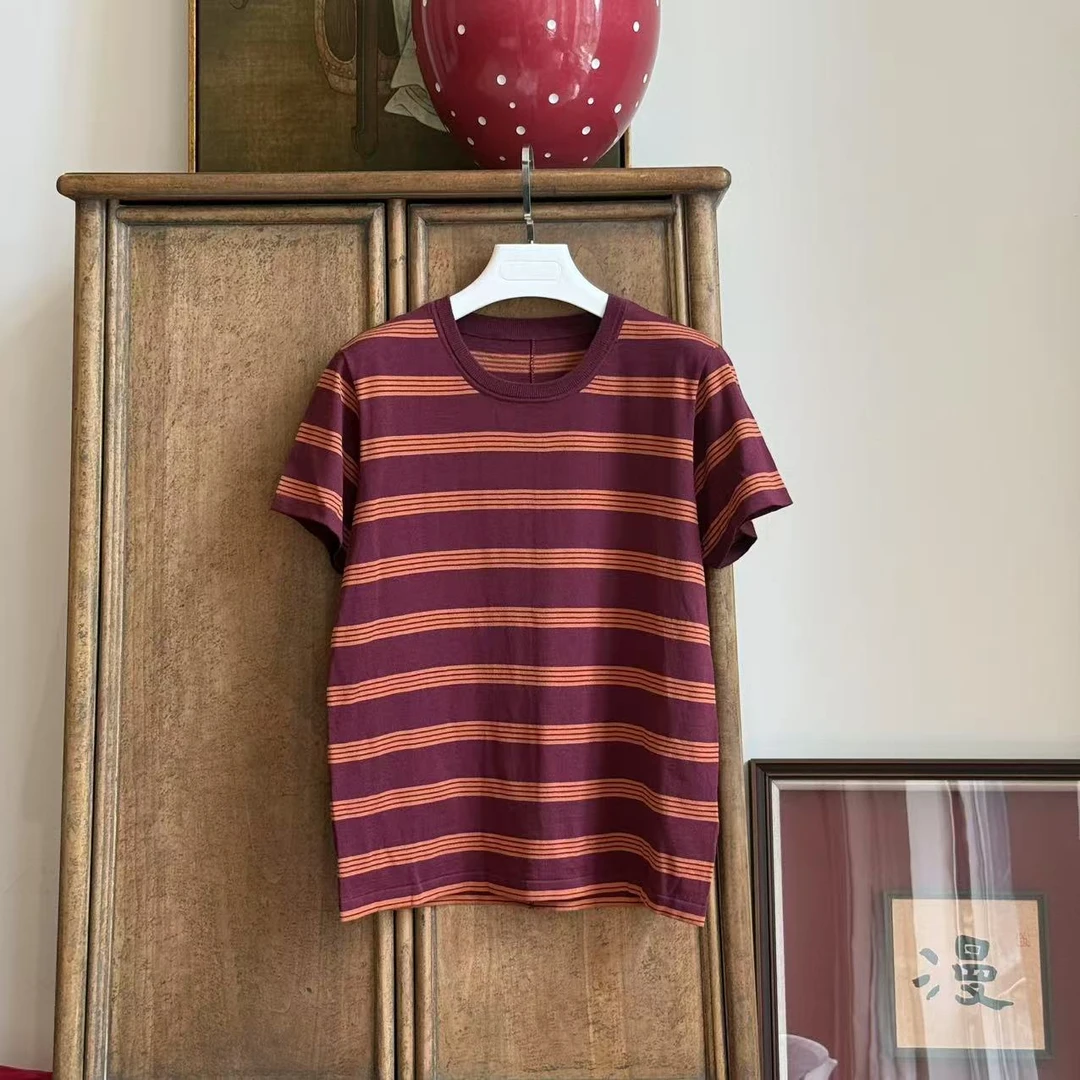 MYL 2025夏季新品桑蚕丝混纺酒红条纹T恤圆领百搭拼色休闲上衣