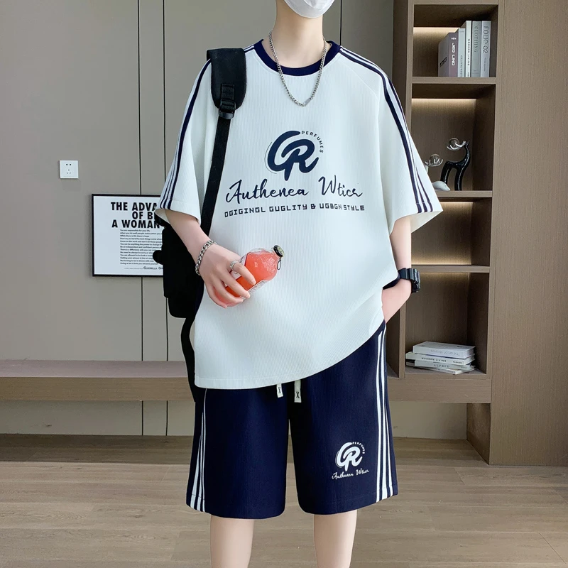 青少年薄款夏季印花学生休闲运动套装潮流短袖短裤两件套男大码