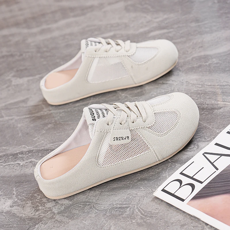 网面平底勃肯鞋女夏季2025新款透气一脚蹬半拖鞋复古休闲外穿穆勒