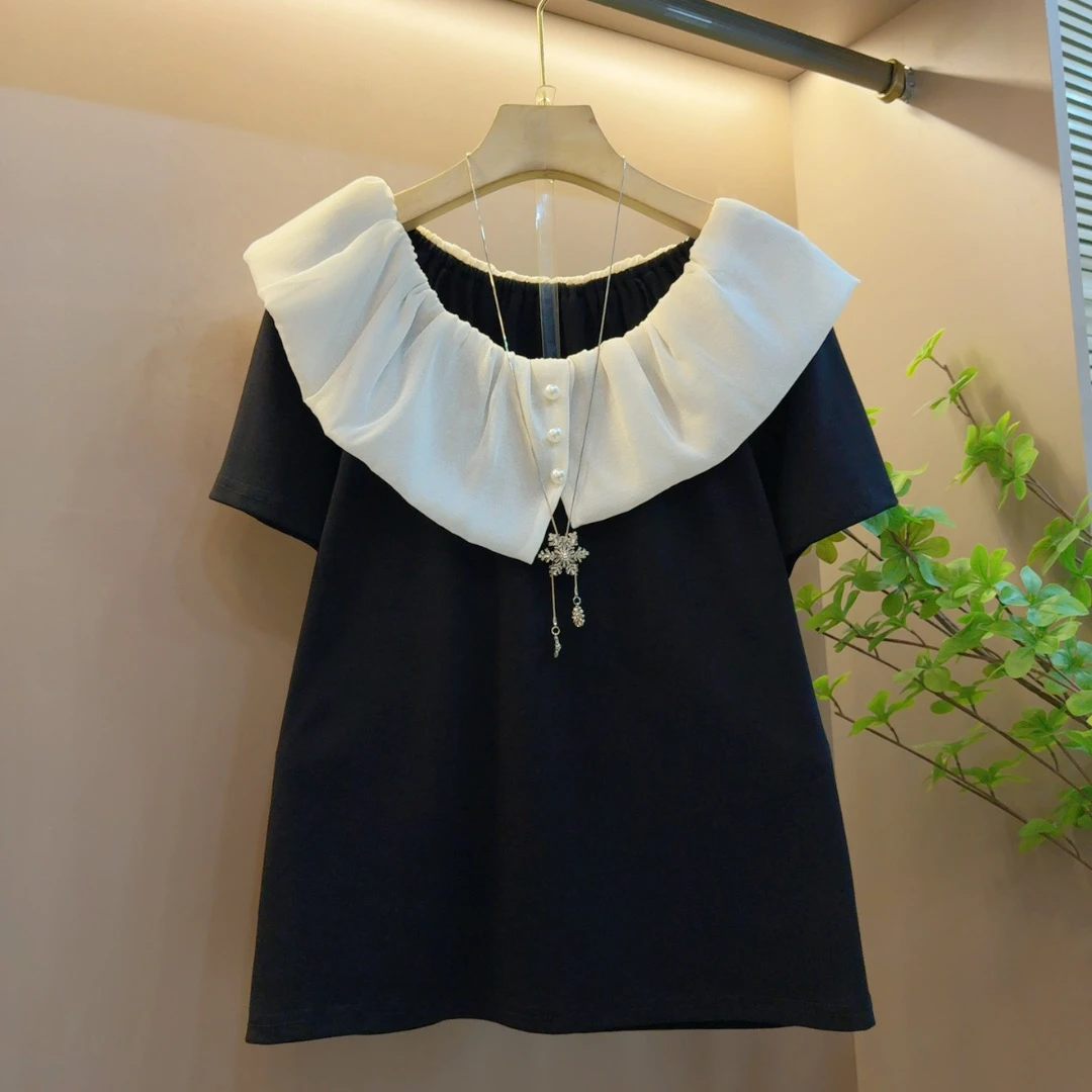 胖妹妹洋气时尚新款拼接娃娃领高级感显瘦轻奢遮肉上衣