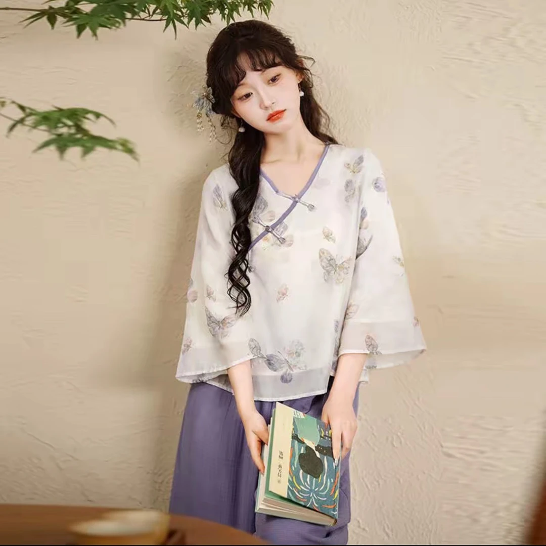 新中式紫色蝴蝶上衣阔腿裤夏季套装2025新款汉服