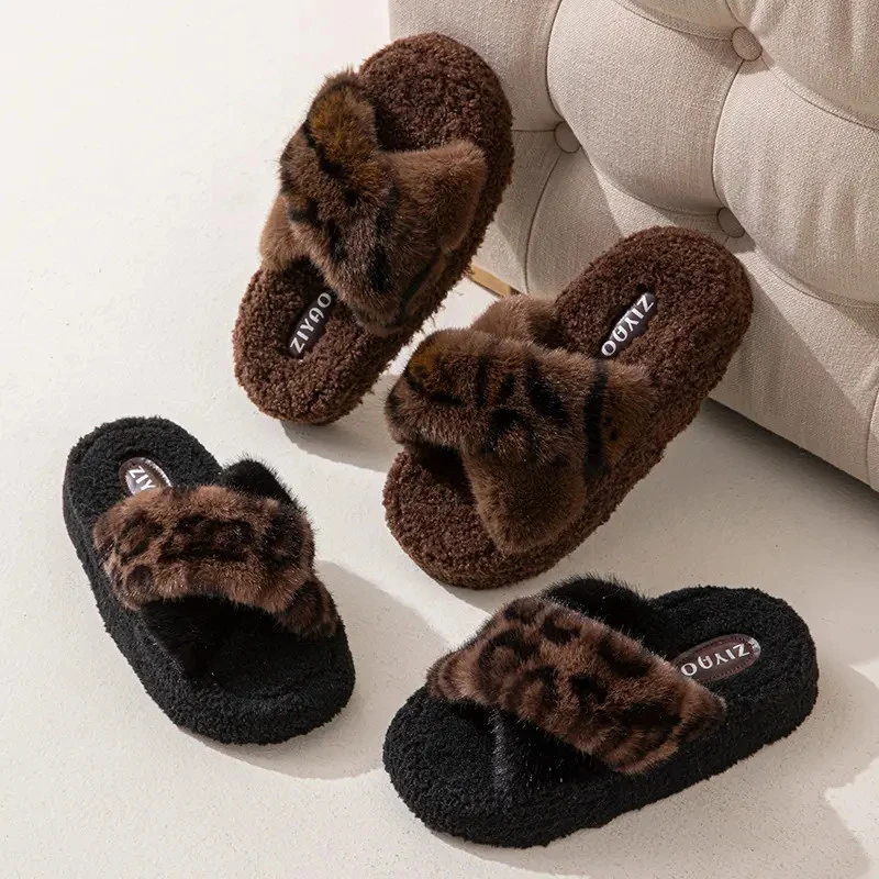 时尚豹纹毛毛拖鞋百搭毛茸茸居家防滑外穿拖鞋