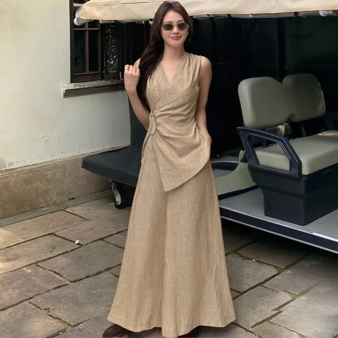 C【两件套】轻熟风无袖上衣高腰阔腿长裤高级感时尚气质套装夏D1919