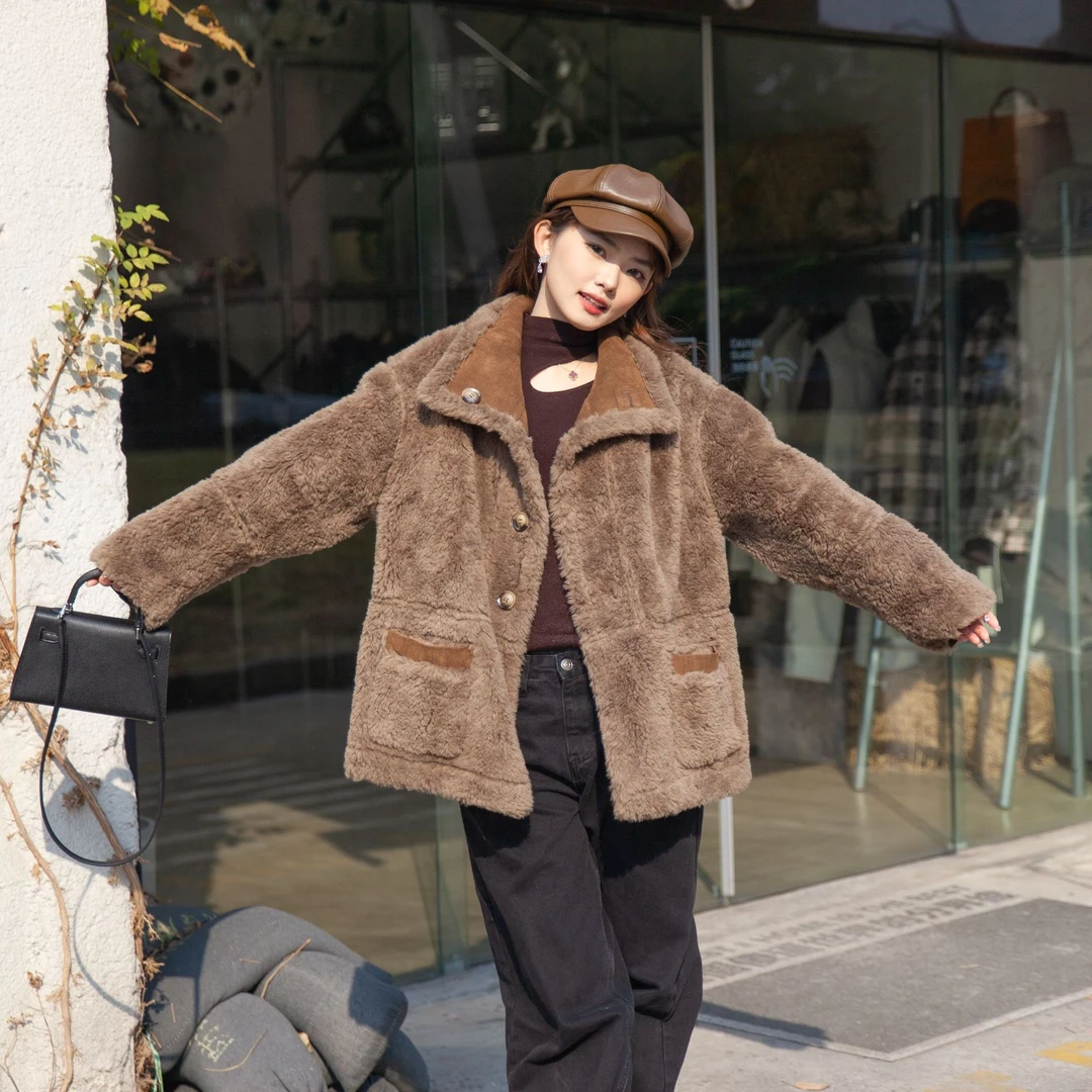 100%羊毛洋气两面穿外套气质短款百搭加绒休闲女士秋冬季皮毛一体