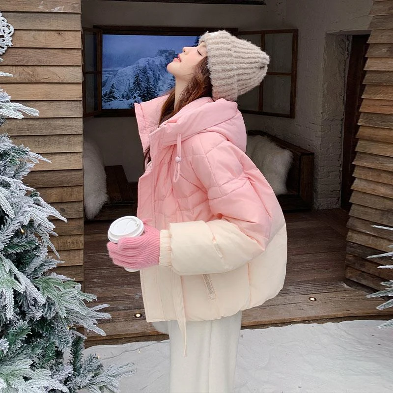 粉色渐变连帽羽绒服女冬2024新短款小个子设计感超好看多巴胺外套