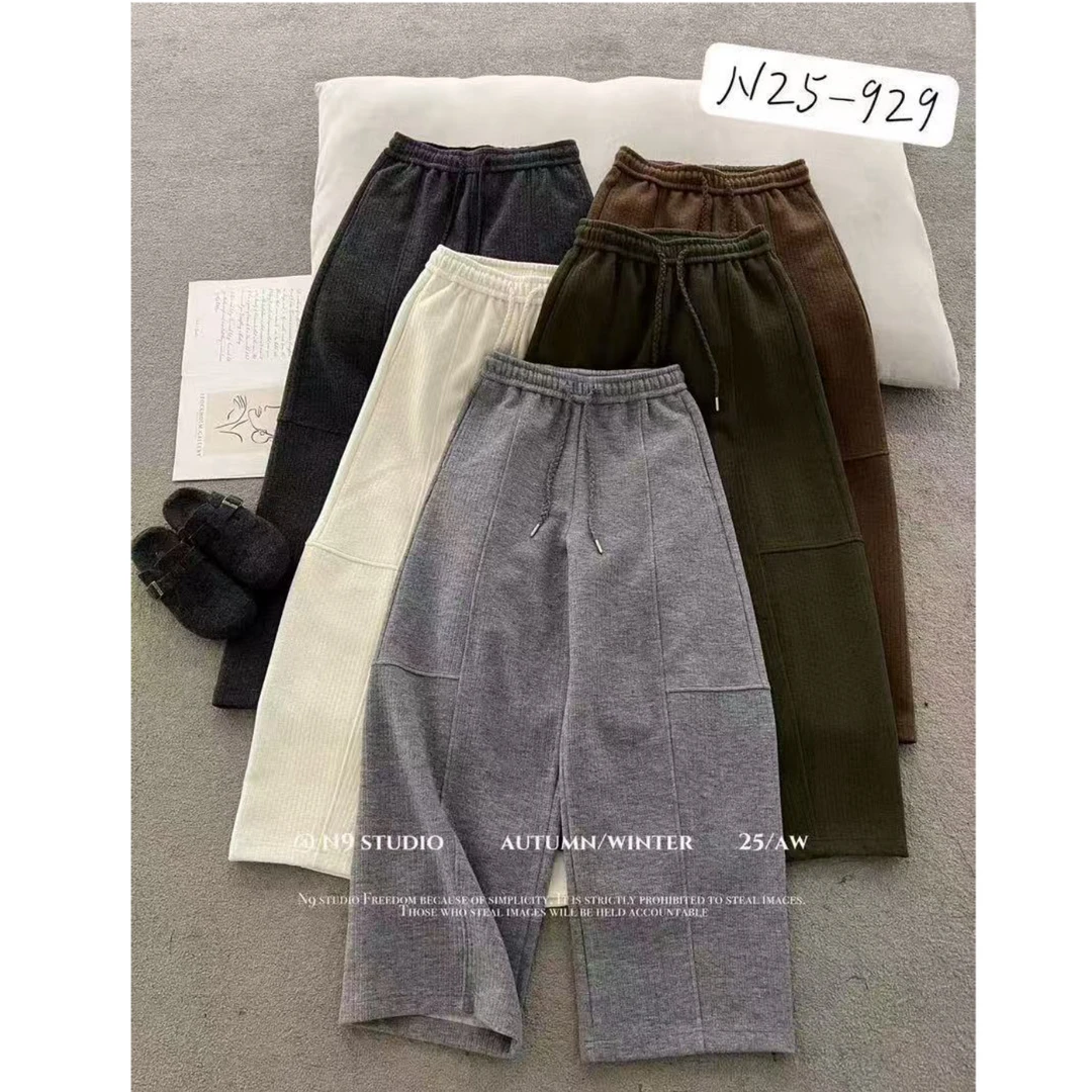 wongting小众设计师冬季加厚拼接松紧抽绳弯刀休闲裤25929
