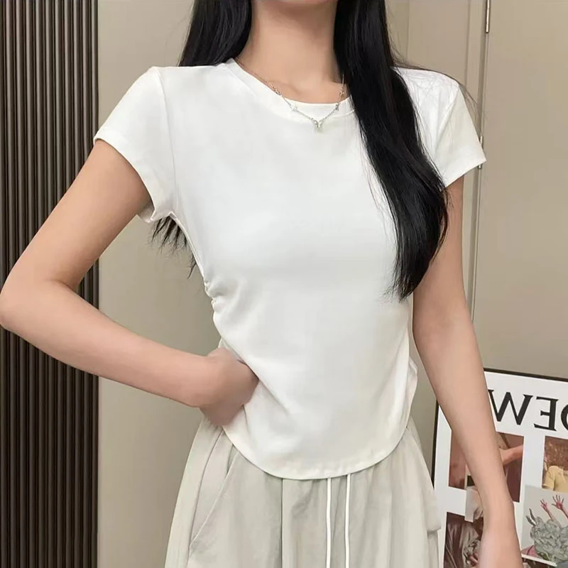 【8043】大码胖mm遮肚巨显瘦短款上衣褶皱收腰正肩短袖t恤女