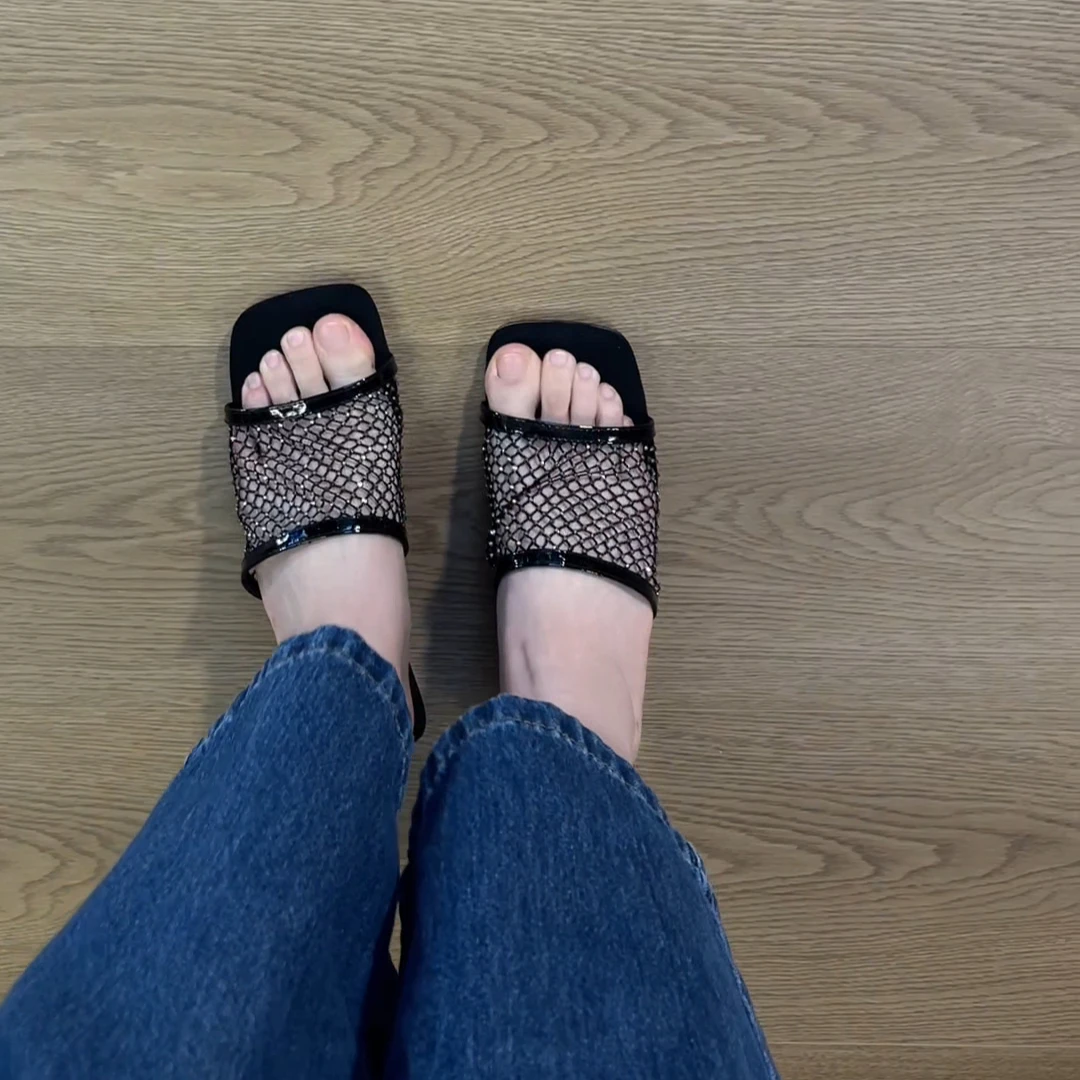 拖鞋夏季半拖复古仙女风钻网异型跟拖鞋流行款式拖鞋通勤气质女款