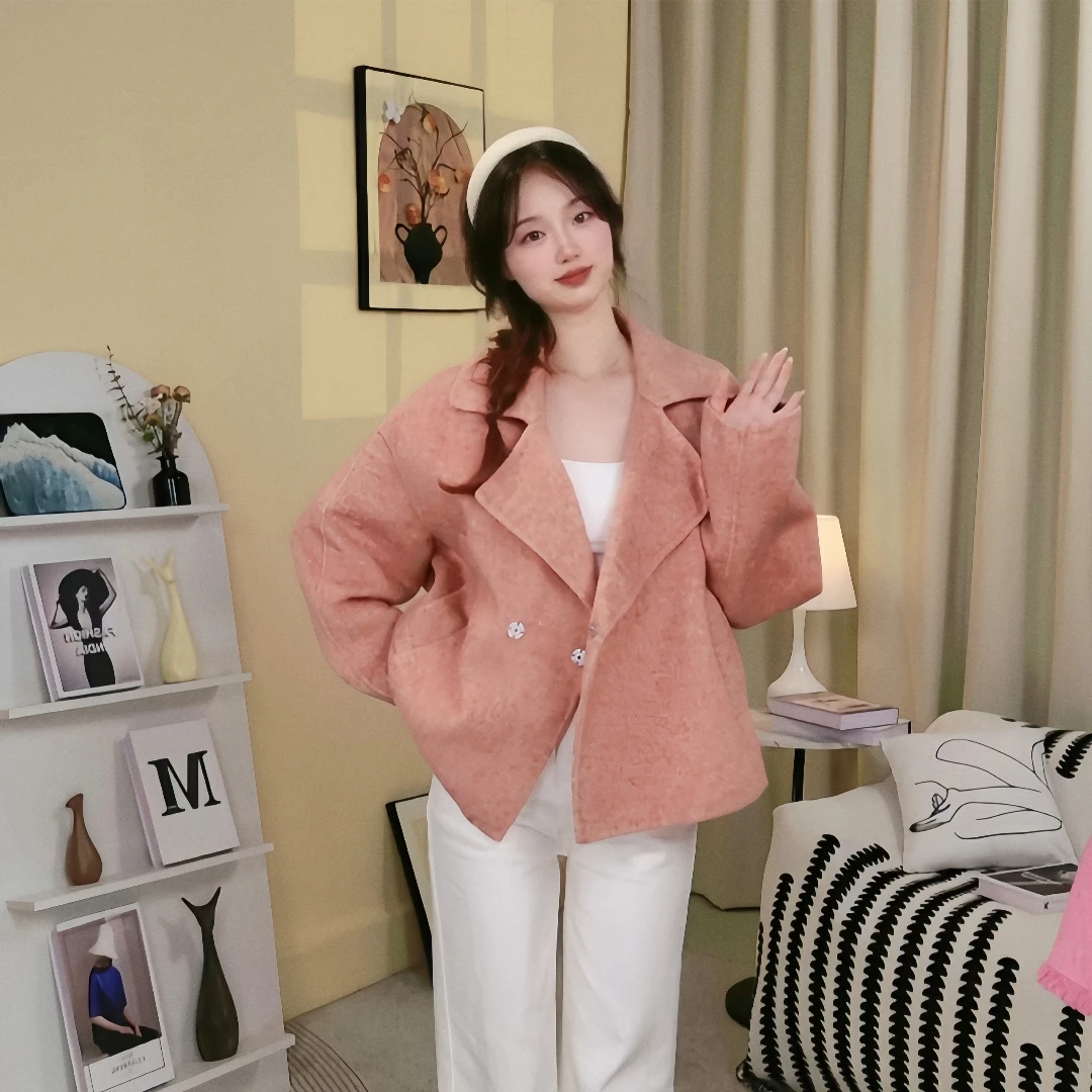 秋冬新款双面绵羊毛短外套气质轻奢宽松百搭甜美夹克大衣8092