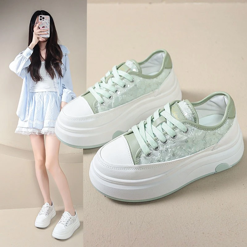 厚底网面绣花亮片小白鞋女2025夏季款时尚增高透气轻便板鞋