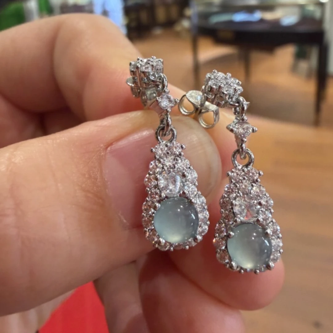 天然A货翡翠耳钉冰种蓝水捡漏4110