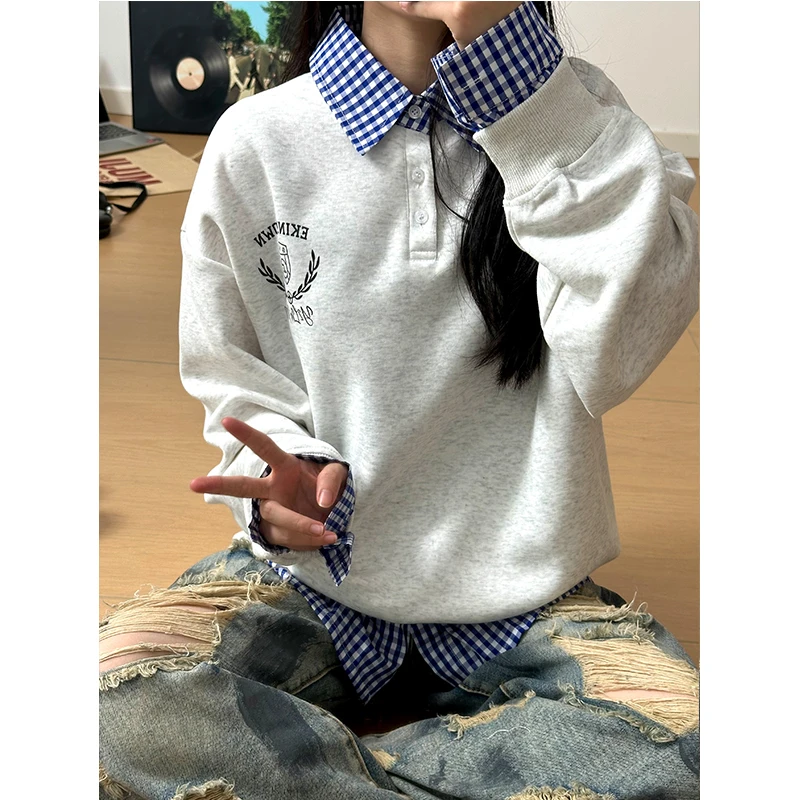 美式学院风假两件卫衣男春秋设计感宽松长袖上衣潮牌衬衫领外套潮