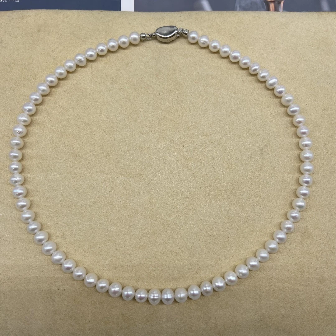 淡水天然珍珠6-7点位全珠项链元宝扣头高亮近正圆气质养人基地发