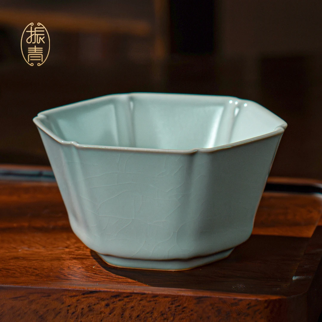汝窑六方杯主人杯单杯高档送礼茶具陶瓷品茗杯景德镇薄胎汝瓷茶杯